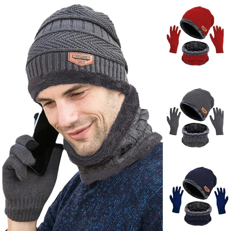 3 IN 1 Winter Knit Beanie Hat with Scarves And Touch Screen Gloves for Men Women Windproof Warm Fleece Cap Cycling Equipment