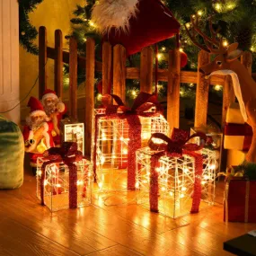 3 Pieces Christmas Lighted Gift Boxes Decorations with 60 LED Lights for Indoor and Outdoor