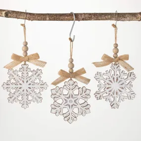 6.25"H Sullivans Wood Snowflake Ornament - Set of 3, White Christmas Ornaments