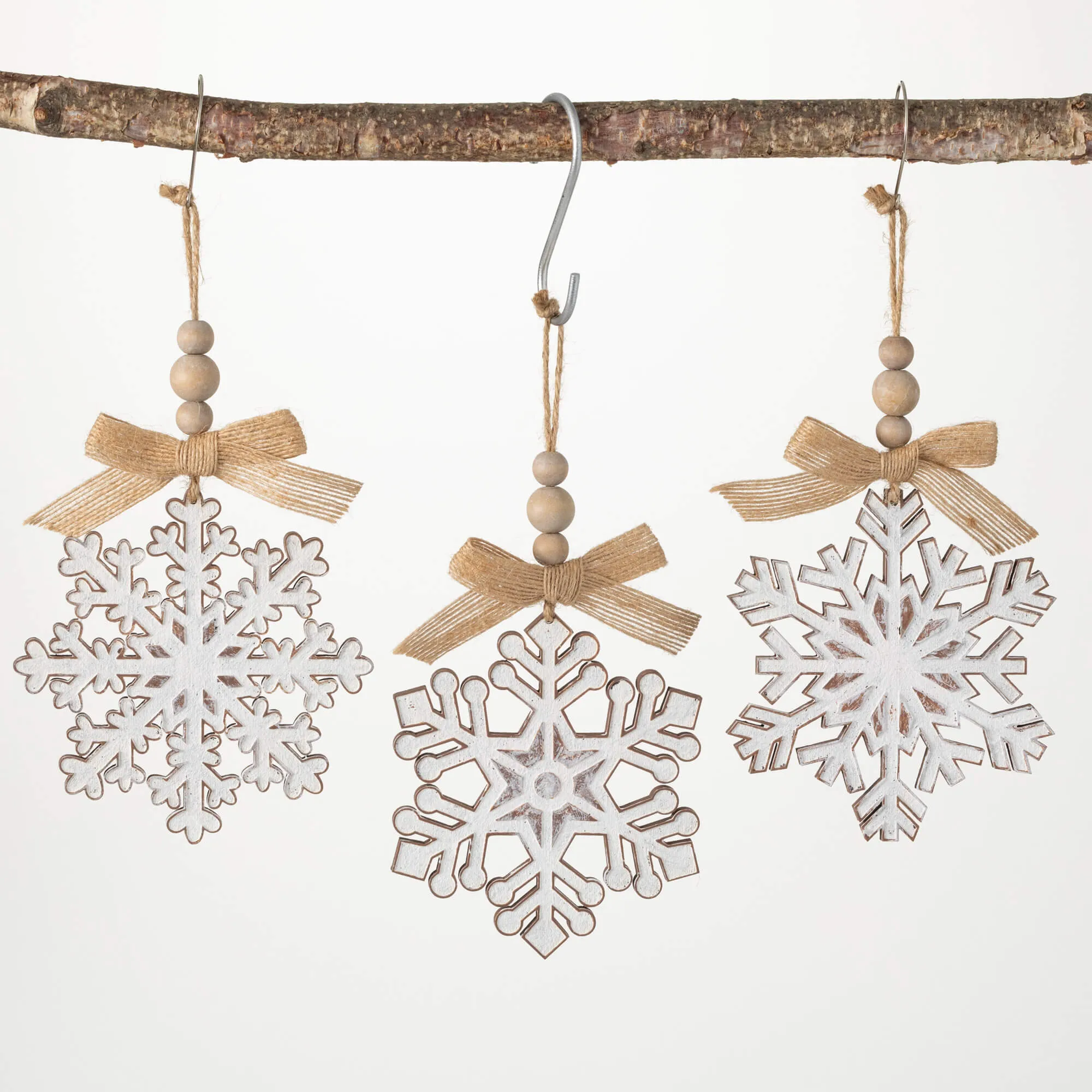 6.25"H Sullivans Wood Snowflake Ornament - Set of 3, White Christmas Ornaments