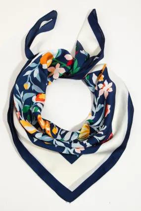 Abstract Floral Print Silky Bandana In Navy Multi With Butterfly Accents