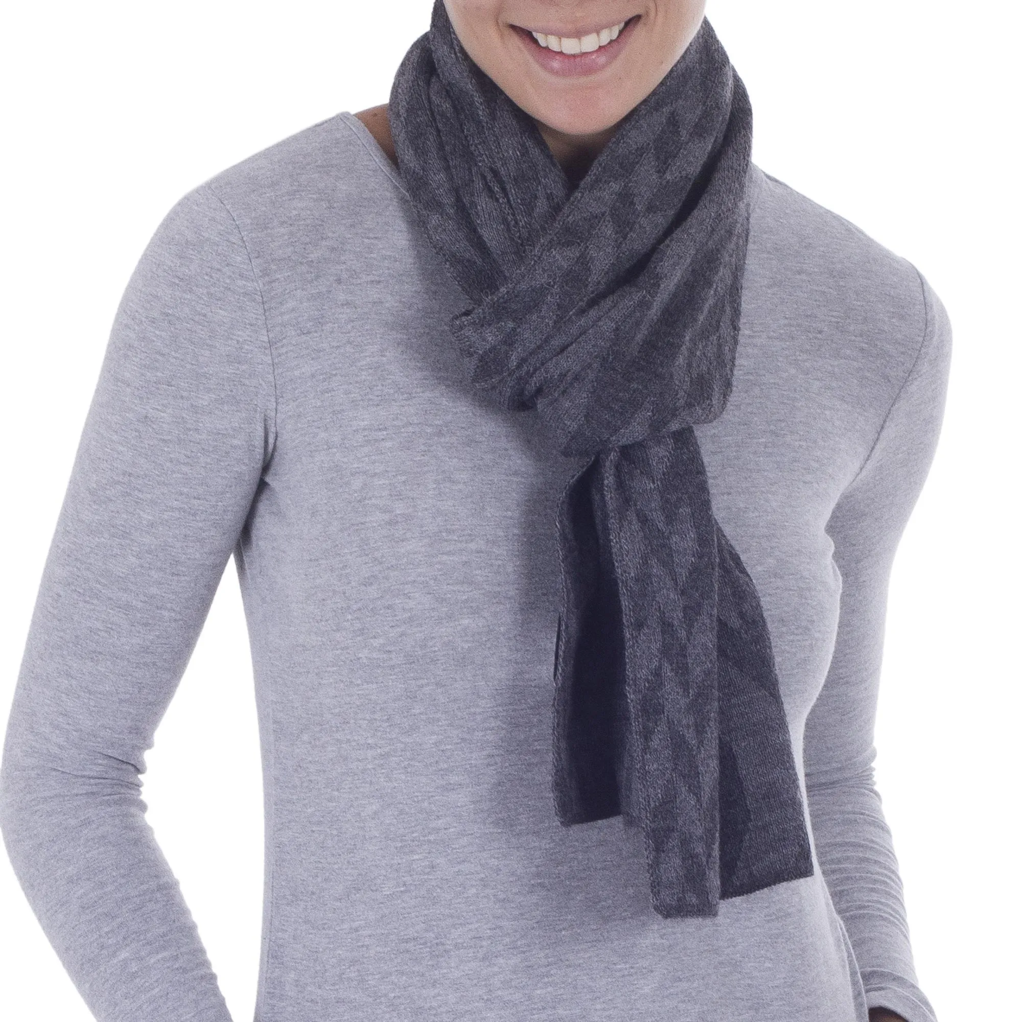 Alpaca Blend Scarf in Dolphin Grey and Slate from Peru - Mountain Scent in Grey | NOVICA