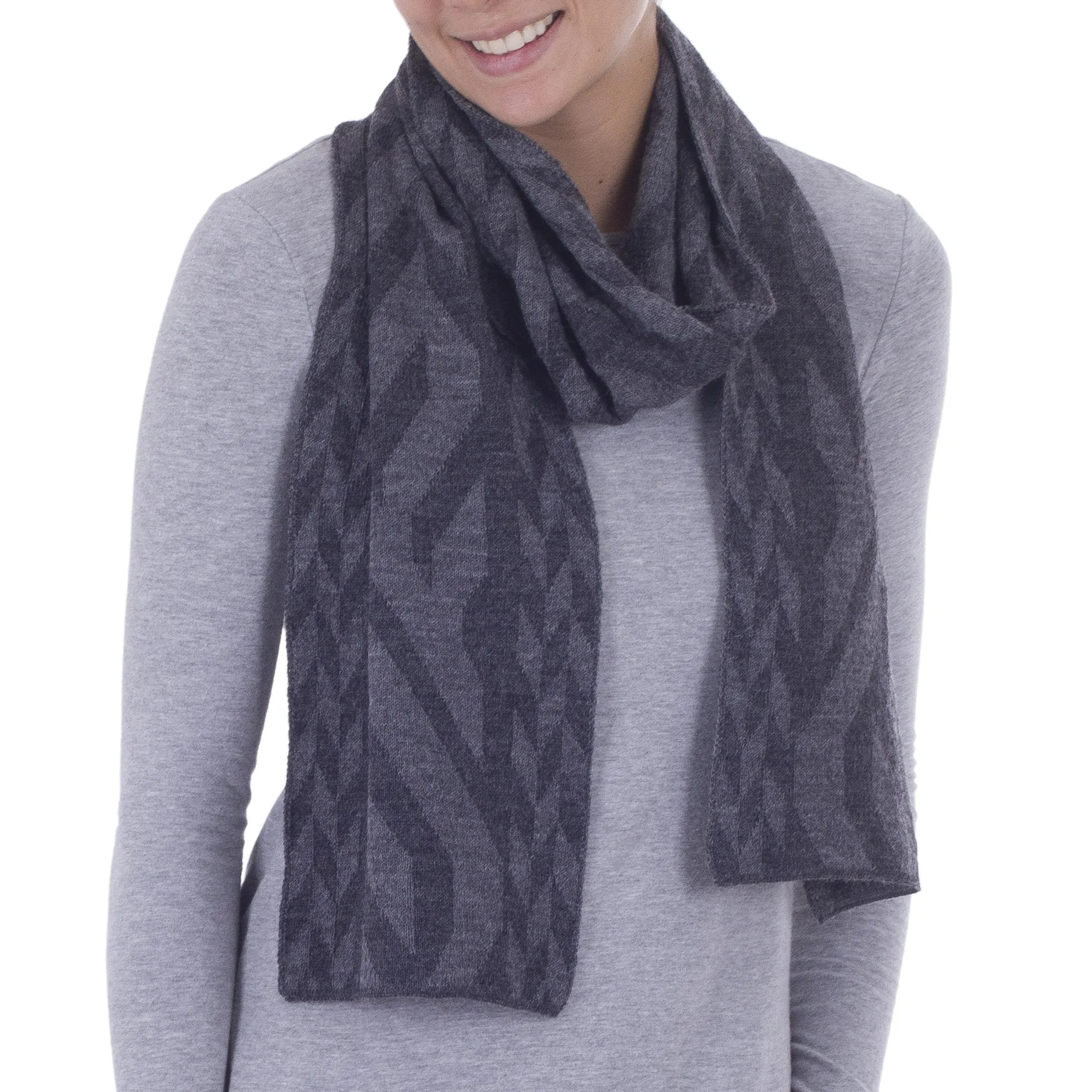 Alpaca Blend Scarf in Dolphin Grey and Slate from Peru - Mountain Scent in Grey | NOVICA