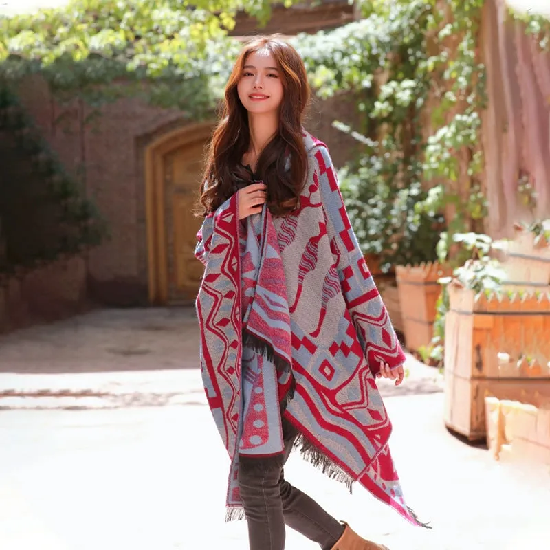 Autumn and Winter Ethnic Bohemian Warm Big Shawl Hooded Cape Scarf