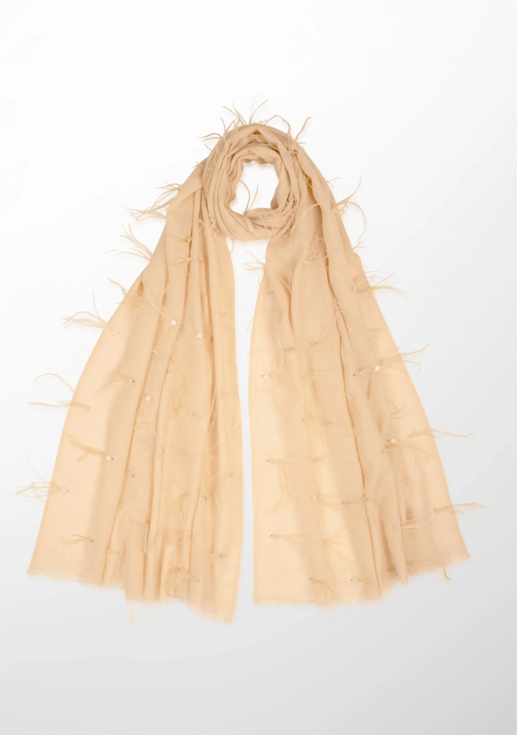 Beige Cashmere Scarf with Biege Ostrich Feathers and Silver Swarovski