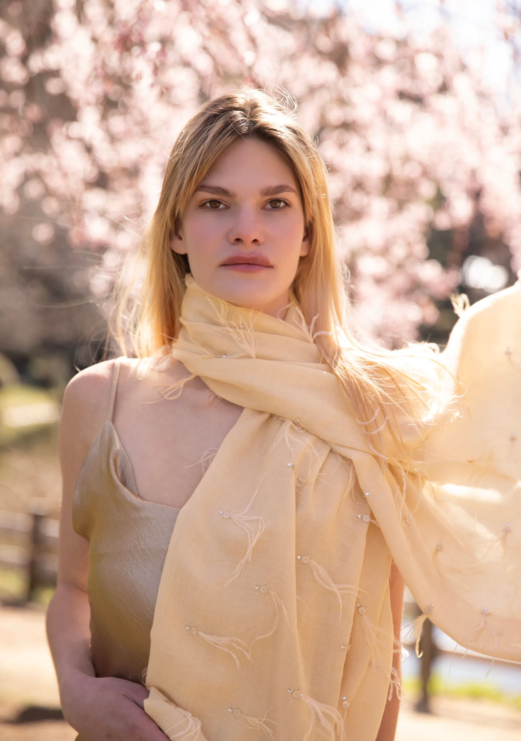 Beige Cashmere Scarf with Biege Ostrich Feathers and Silver Swarovski