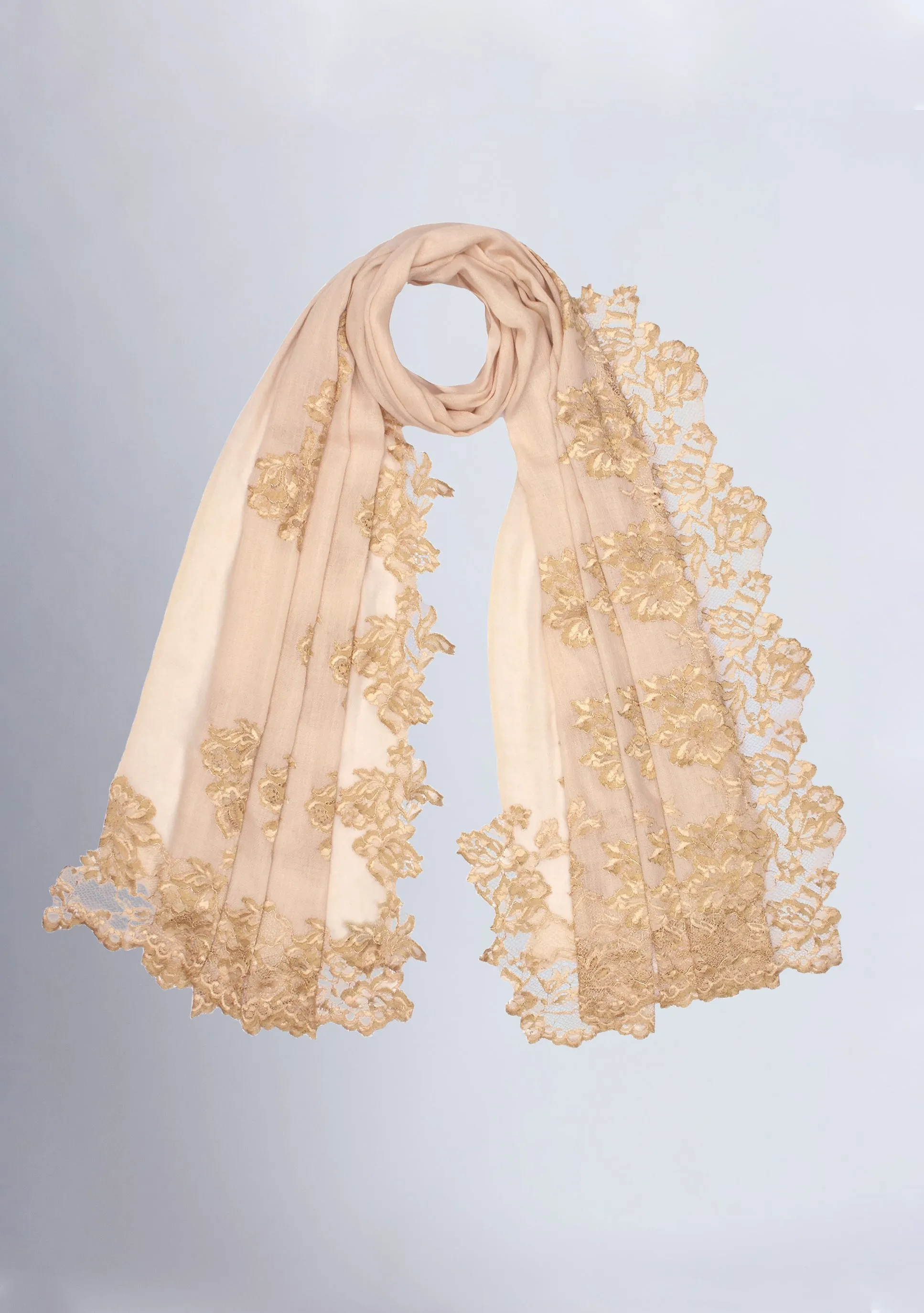 Beige Cashmere Scarf with Gold Chantilly Lace