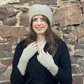 Beige Plain Wool Hat & Fingerless Gloves Set