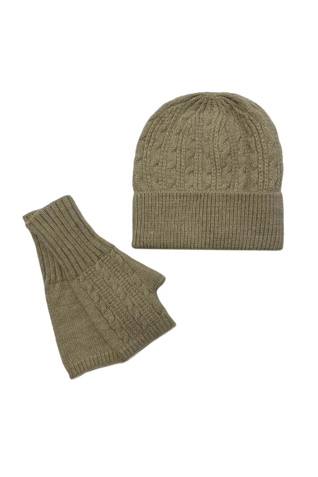 Beige Plain Wool Hat & Fingerless Gloves Set