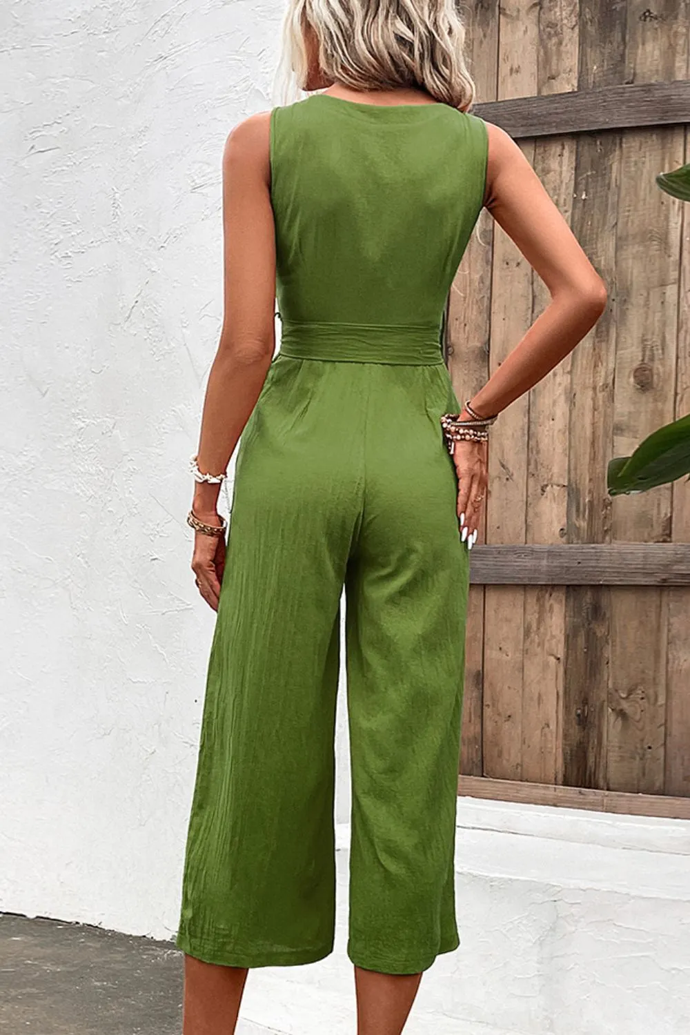 Belted Sleeveless Jumpsuit with Pockets