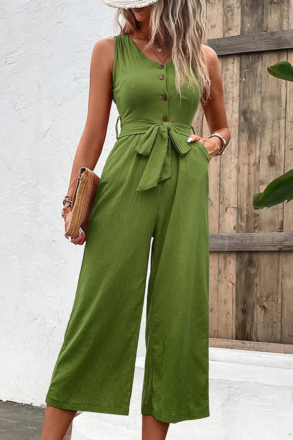 Belted Sleeveless Jumpsuit with Pockets