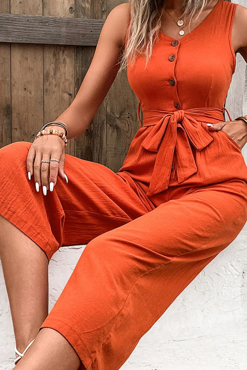 Belted Sleeveless Jumpsuit with Pockets