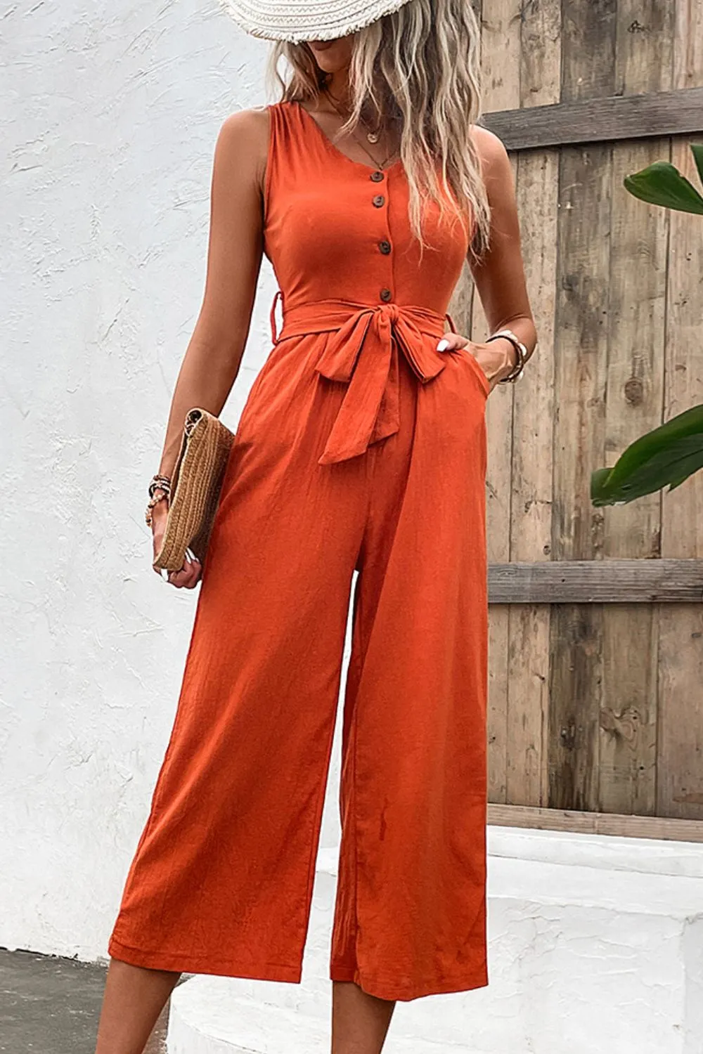 Belted Sleeveless Jumpsuit with Pockets