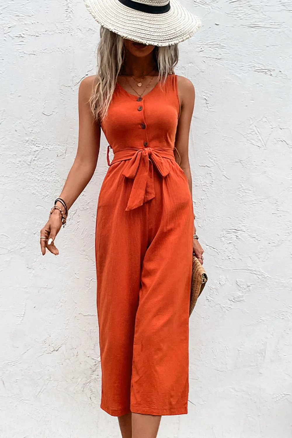 Belted Sleeveless Jumpsuit with Pockets