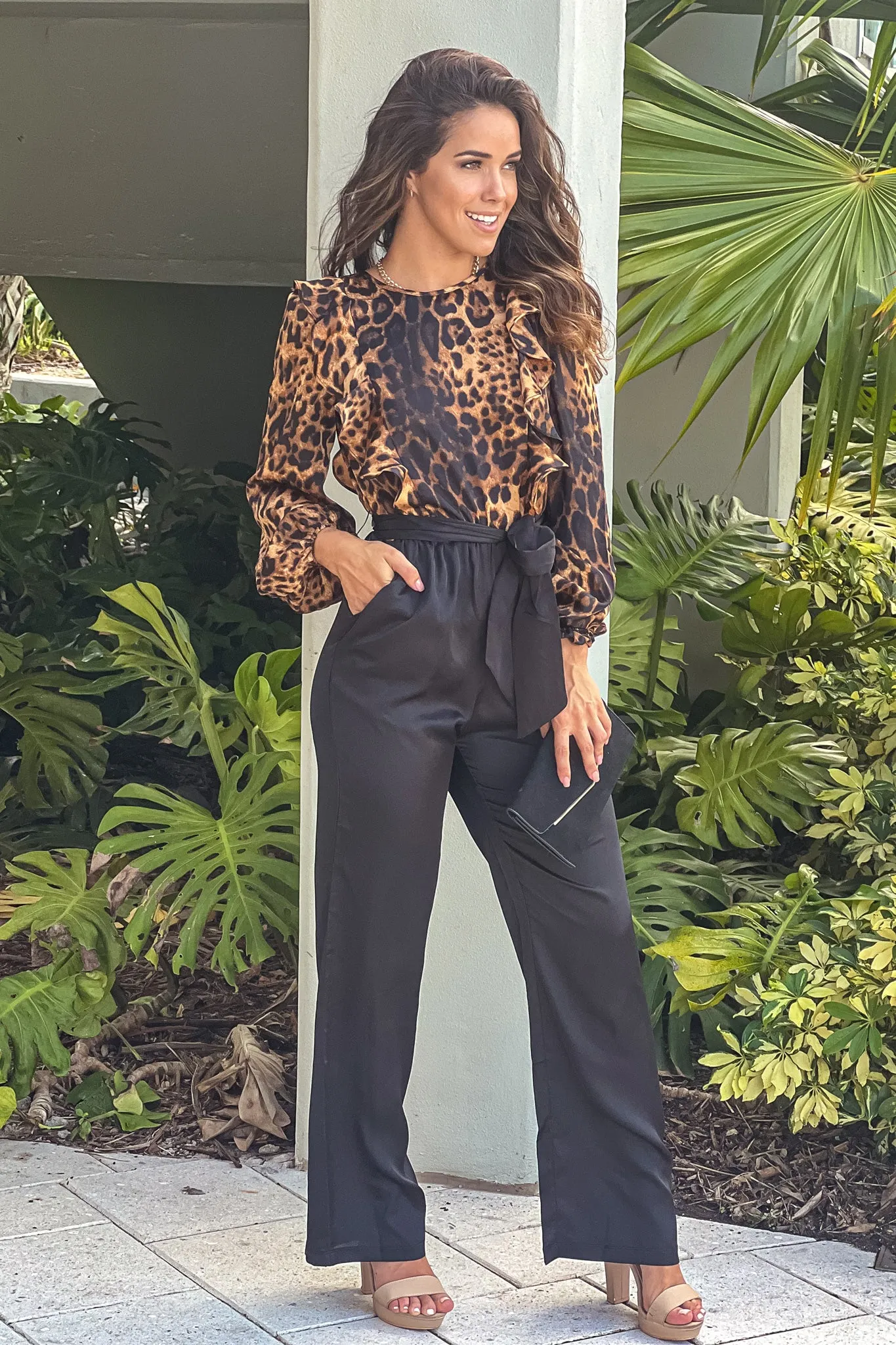 Black And Leopard Satin Jumpsuit With Ruffled Detail