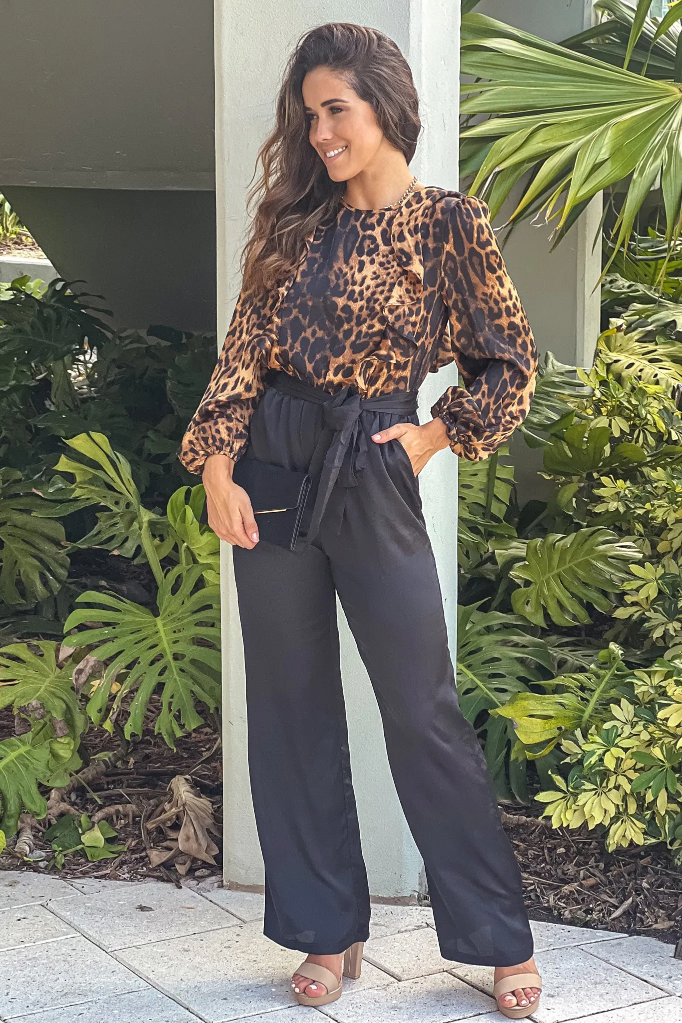 Black And Leopard Satin Jumpsuit With Ruffled Detail