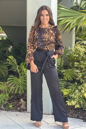 Black And Leopard Satin Jumpsuit With Ruffled Detail