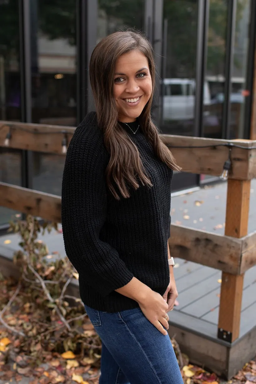 Black Chunky Knit 3/4 Slouchy Sweater