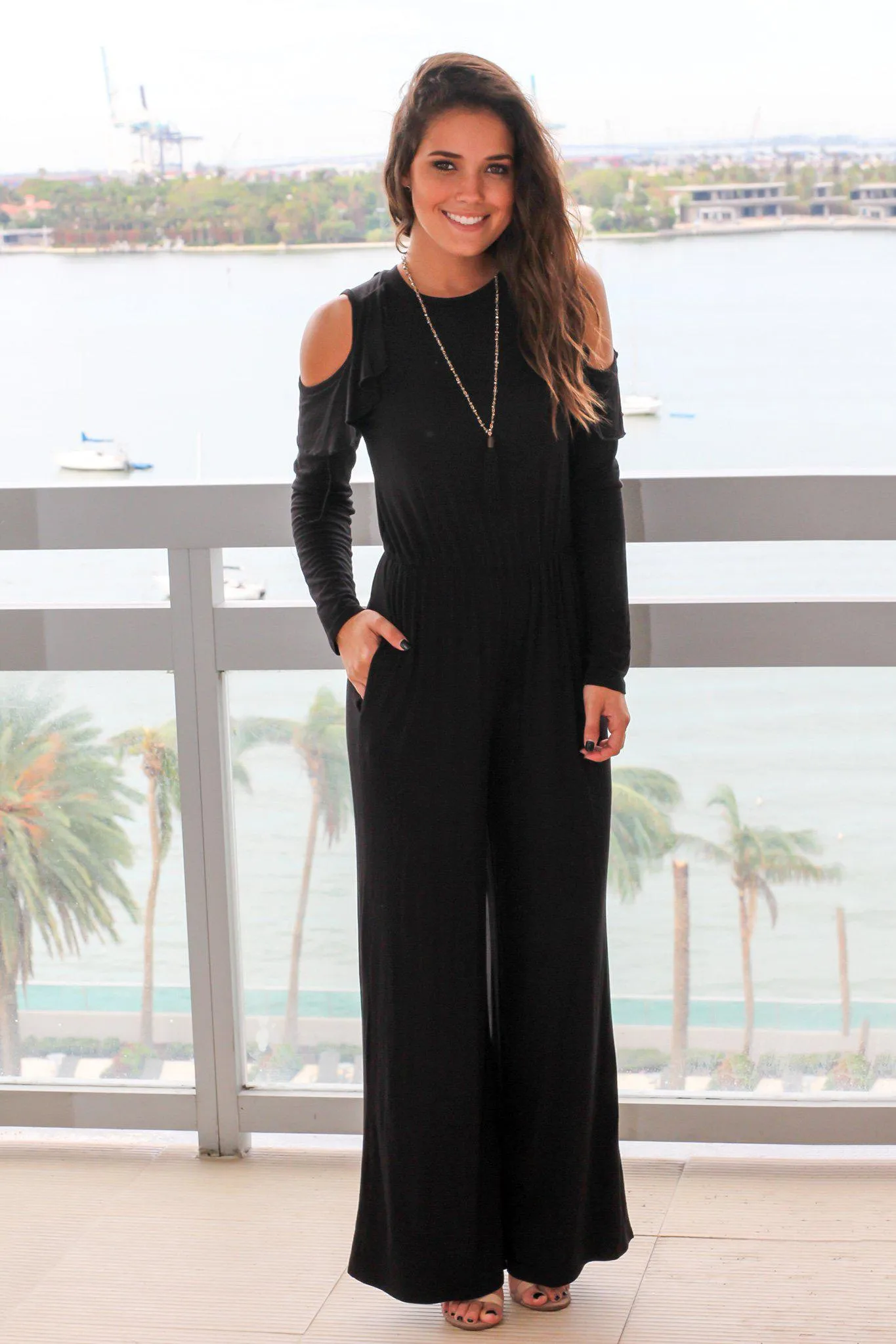 Black Cold Shoulder Jumpsuit with Ruffle Detail