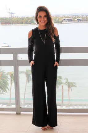 Black Cold Shoulder Jumpsuit with Ruffle Detail