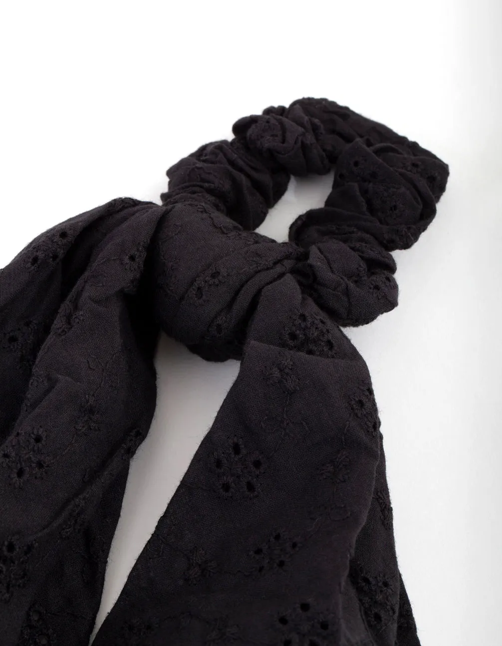 Black Embroidered Scarf Scrunchie