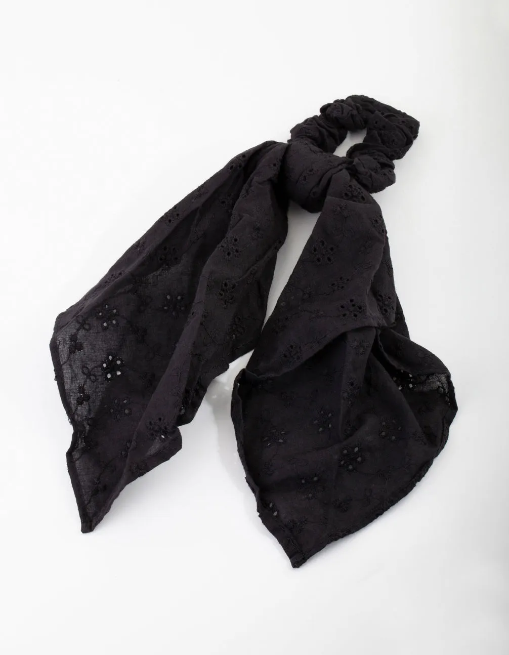 Black Embroidered Scarf Scrunchie