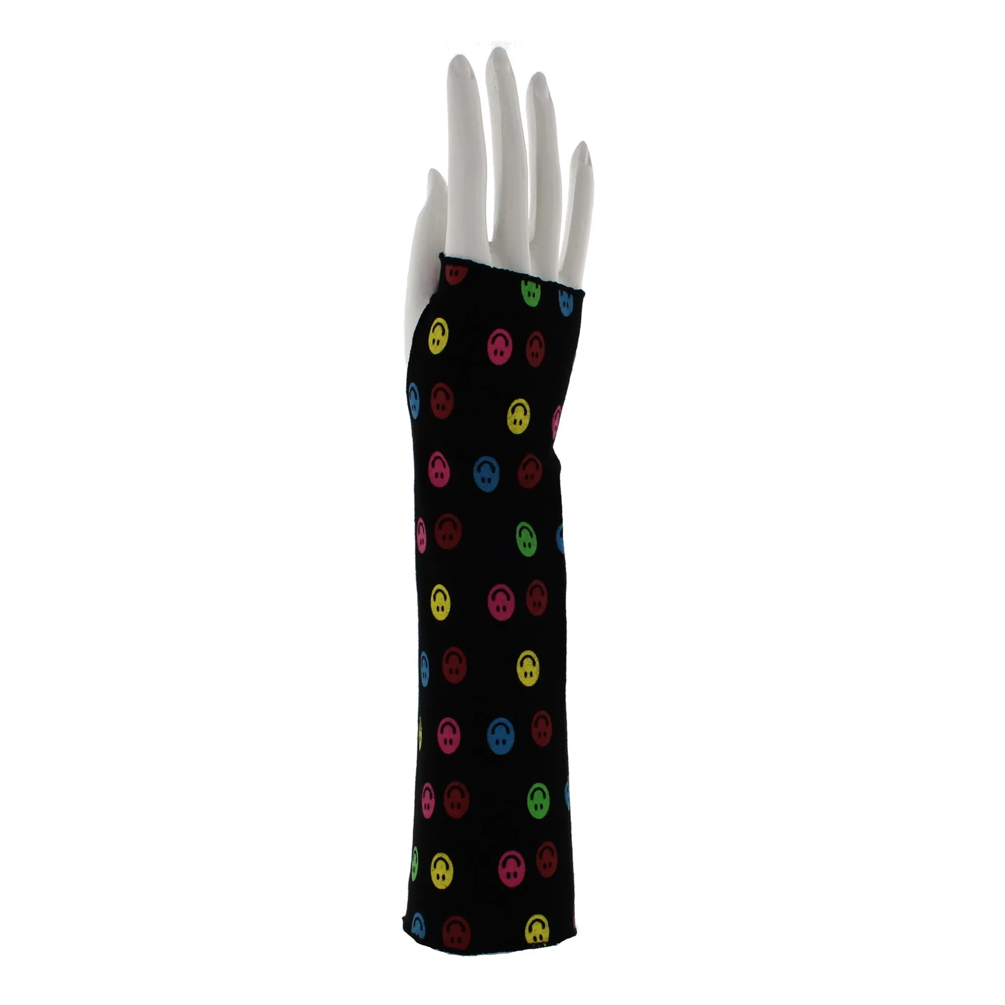 Black Long Fingerless Gloves with Multicolour Smiley Faces