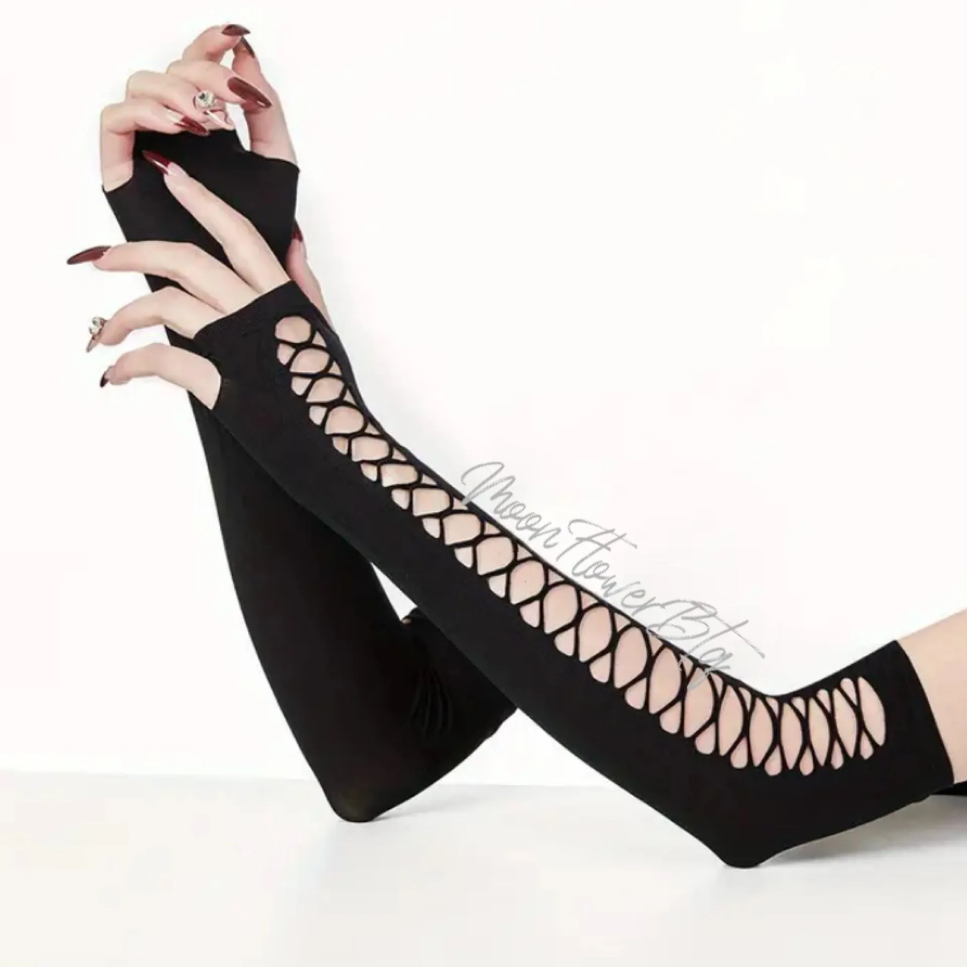 Black Strappy Long Fingerless Gloves