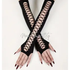 Black Strappy Long Fingerless Gloves