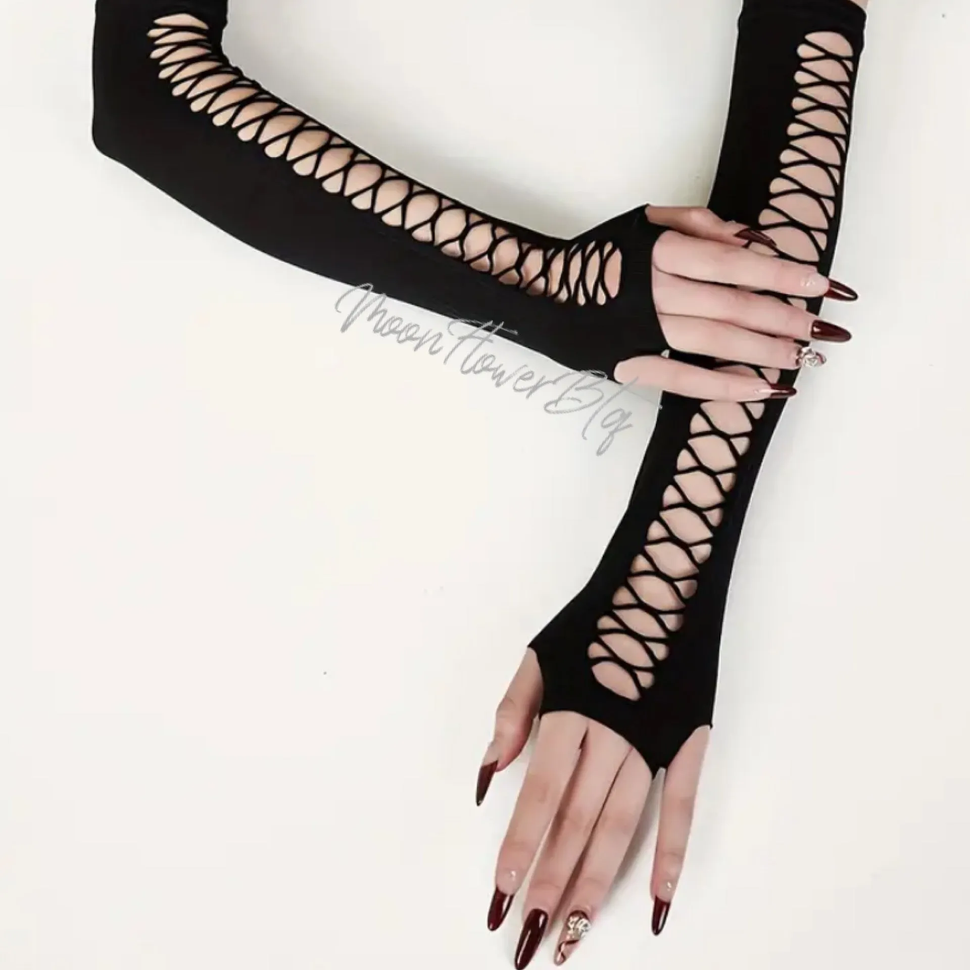 Black Strappy Long Fingerless Gloves