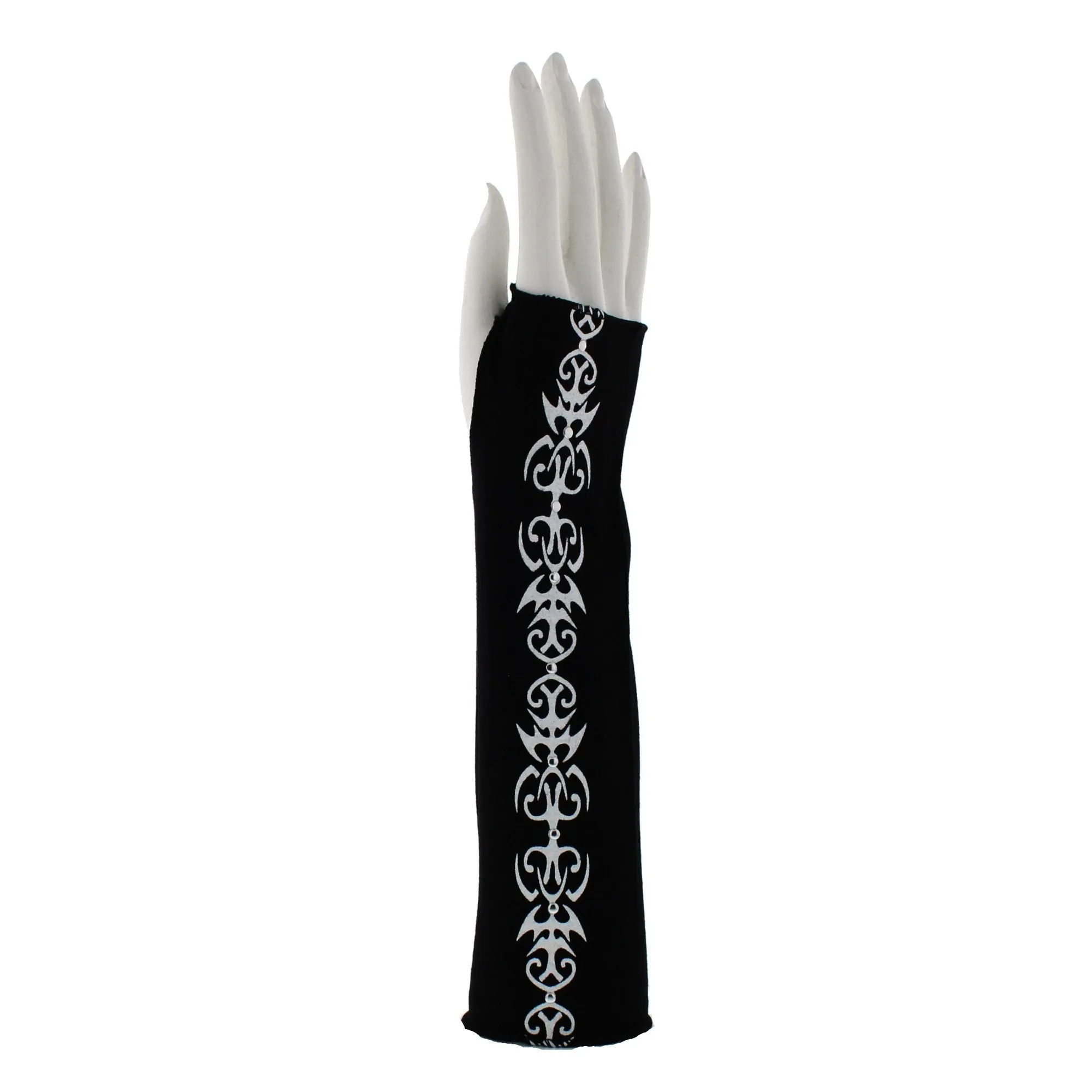 Black Studded Long Fingerless Gloves with Coloured Tribal Print