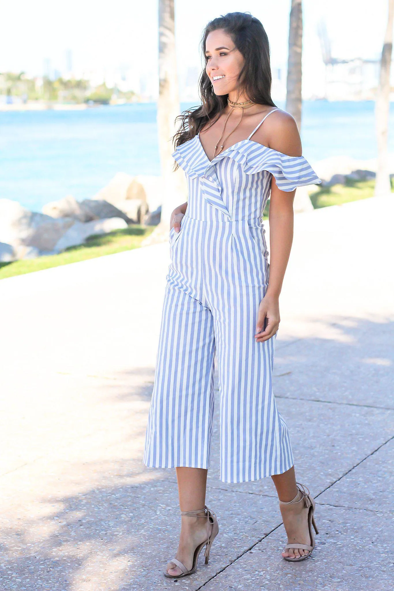 Blue and White Striped Ruffle Jumpsuit