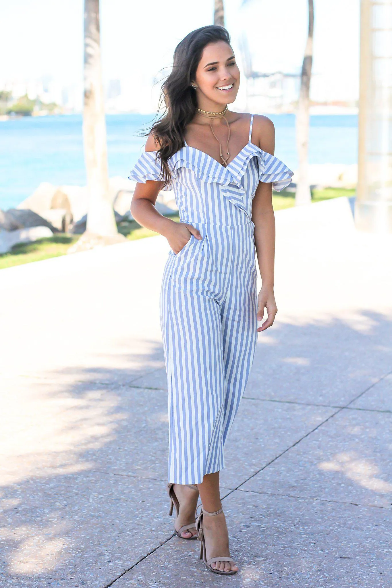 Blue and White Striped Ruffle Jumpsuit