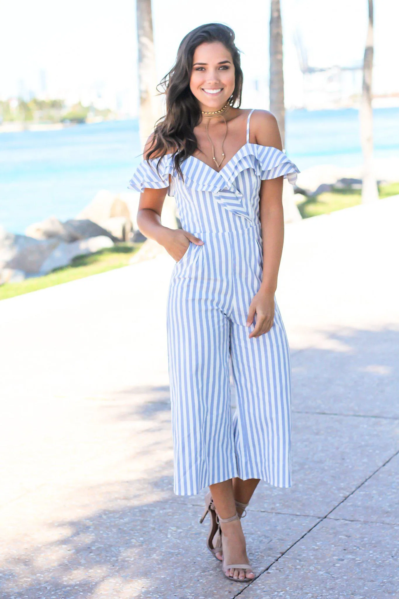 Blue and White Striped Ruffle Jumpsuit