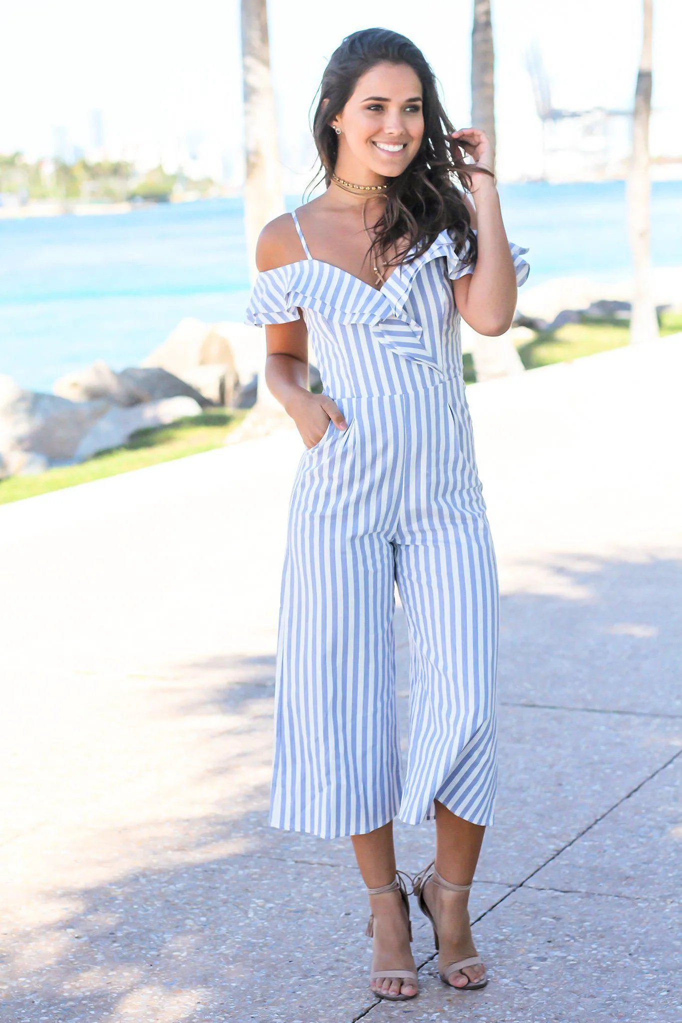 Blue and White Striped Ruffle Jumpsuit