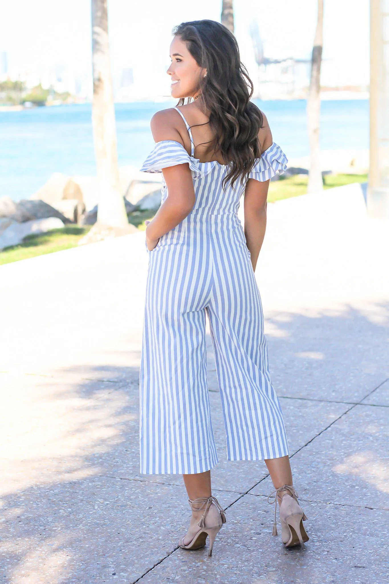 Blue and White Striped Ruffle Jumpsuit