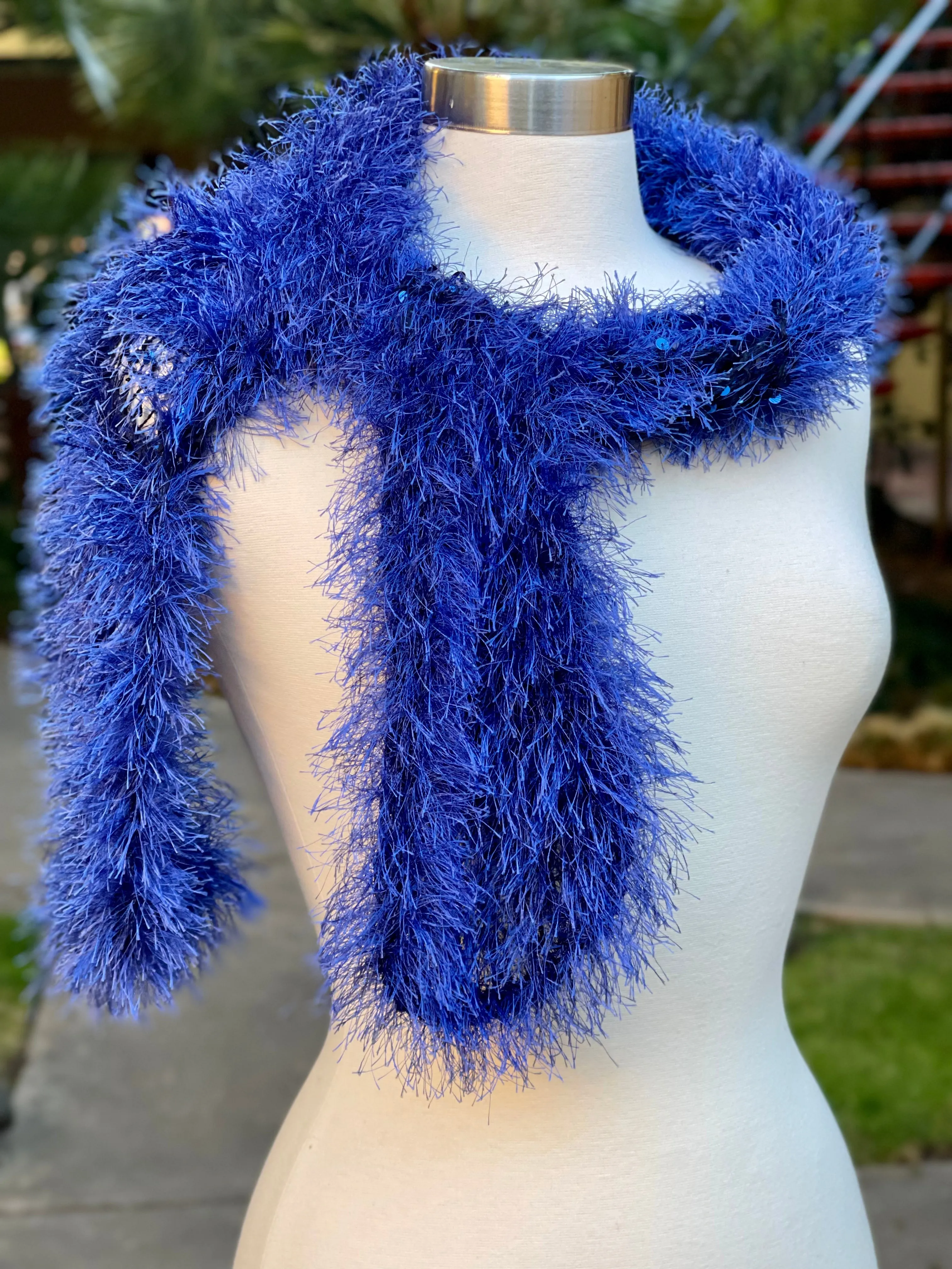 Blue Hand Openwork Knitted Scarf for Women