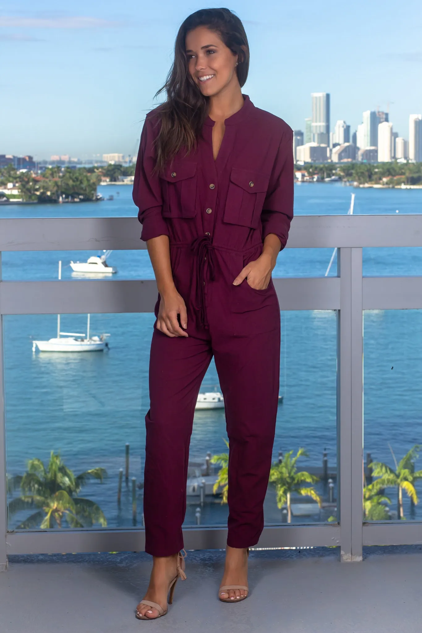 Burgundy Long Sleeve Jumpsuit