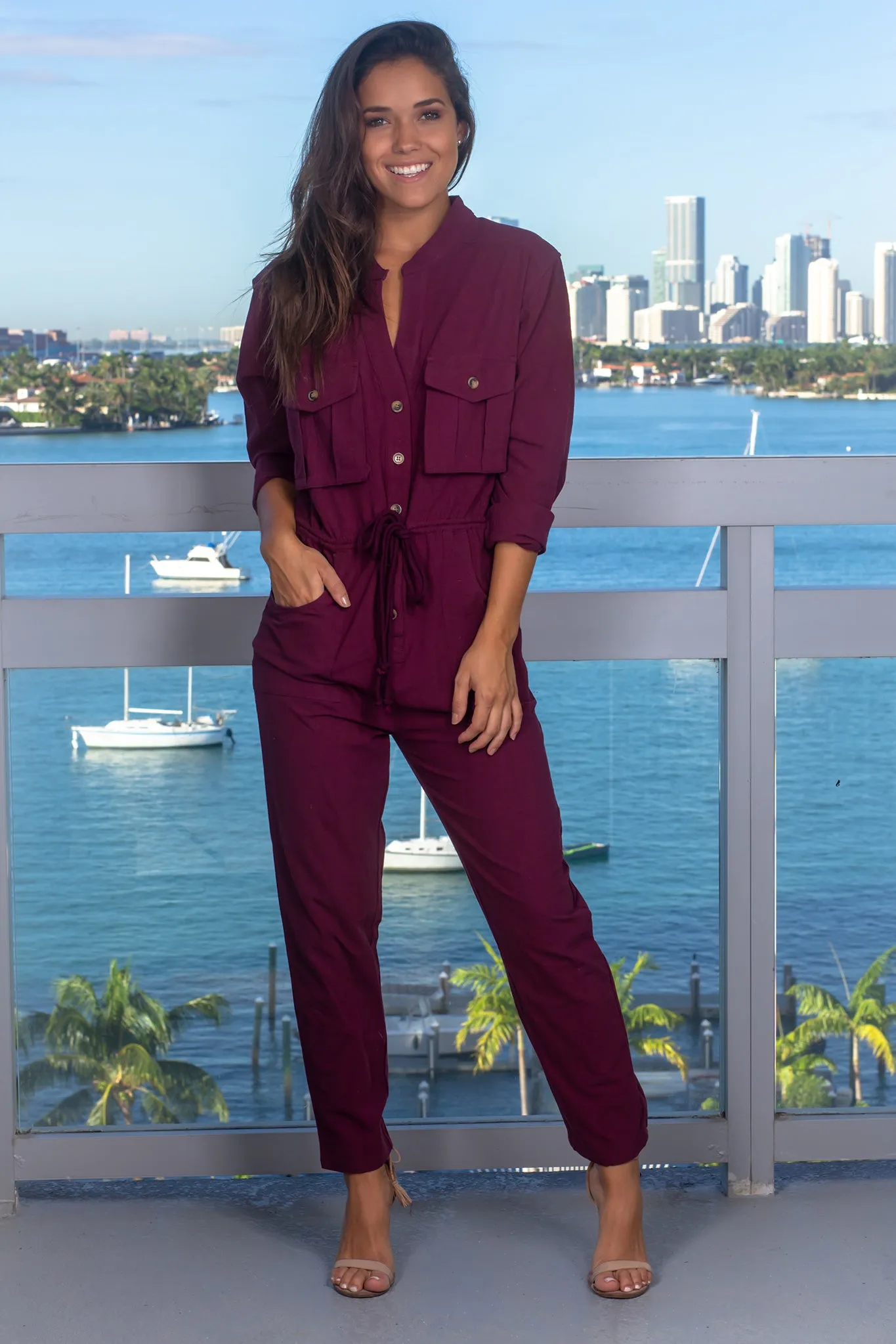 Burgundy Long Sleeve Jumpsuit