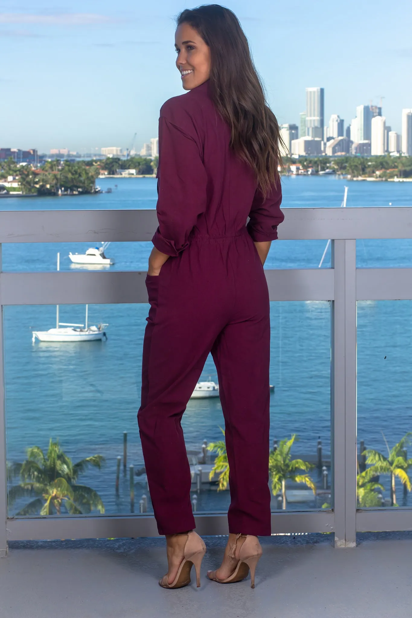 Burgundy Long Sleeve Jumpsuit