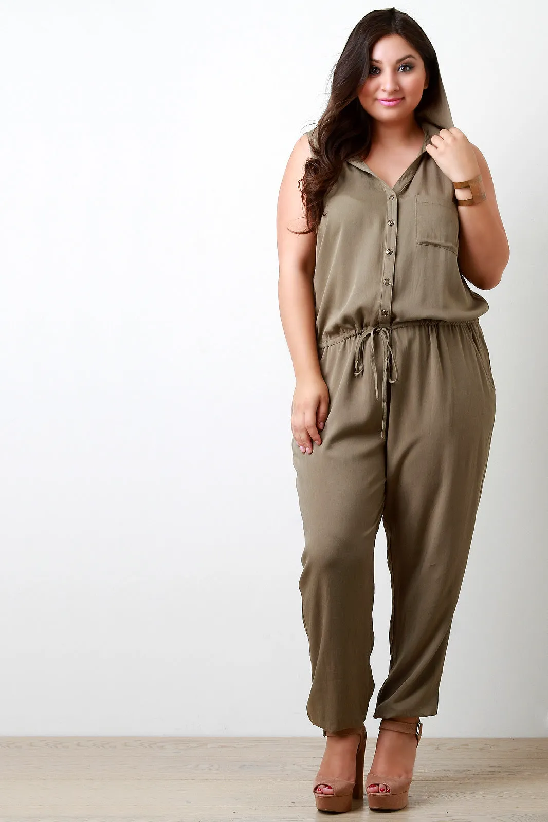 Button Down Pocketed and Hooded Jumpsuit