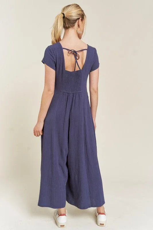 Button Down Short Sleeve Linen Jumpsuit