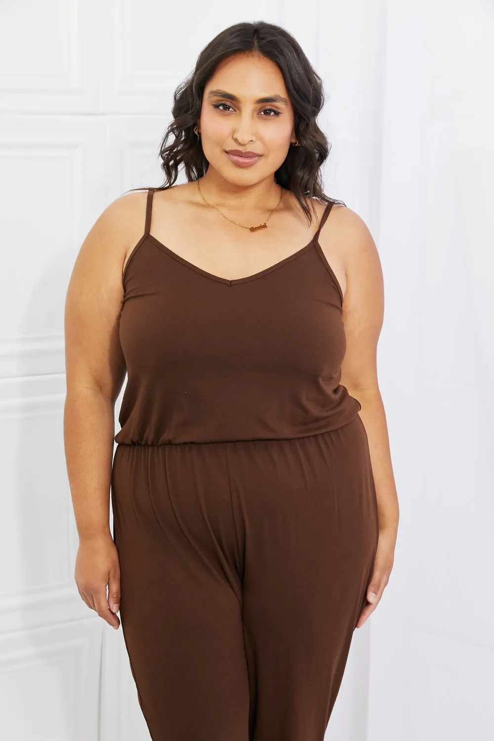 Capella Comfy Casual Full Size Solid Elastic Waistband Jumpsuit in Chocolate