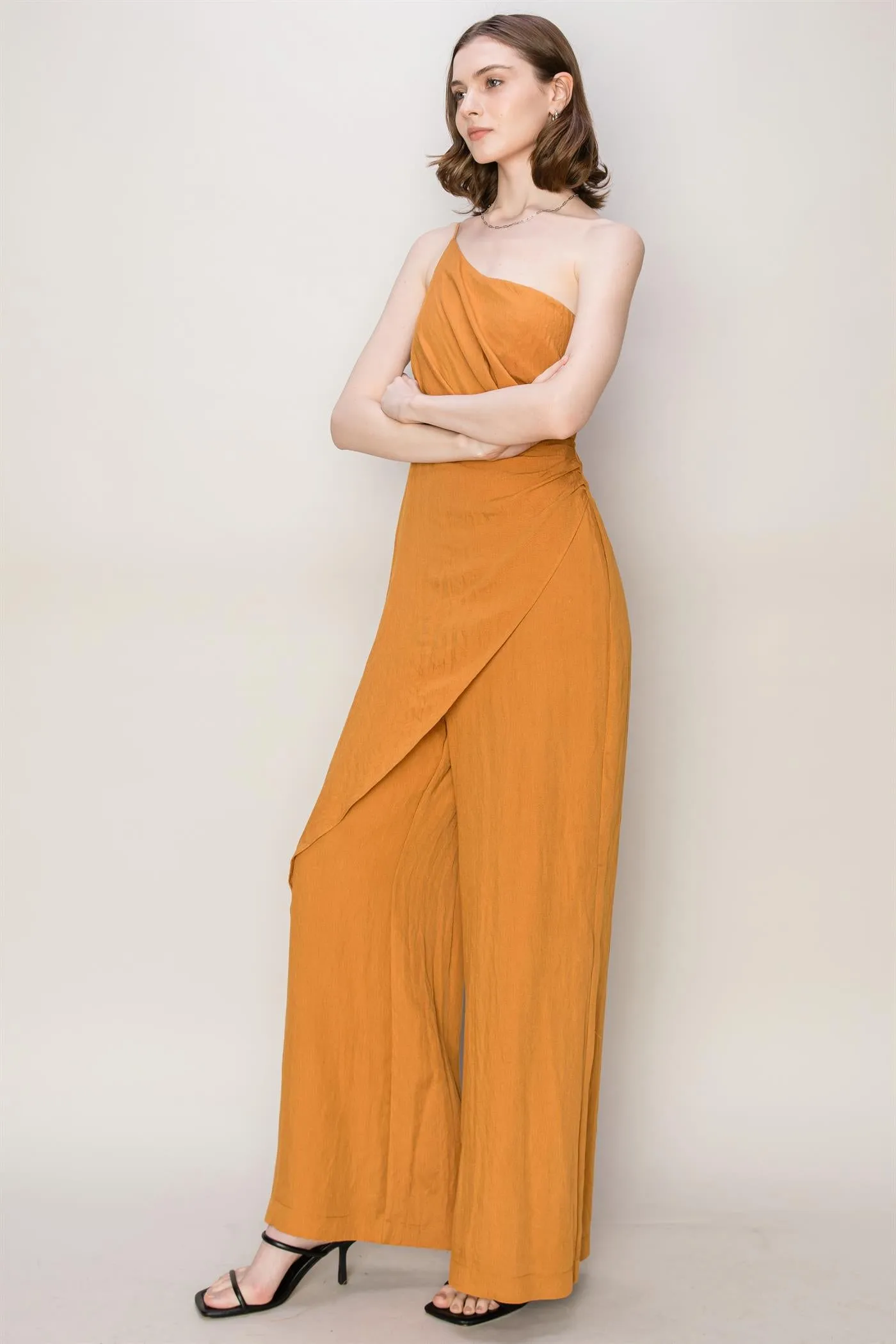 Caramel One Shoulder Sarong Design Jumpsuit