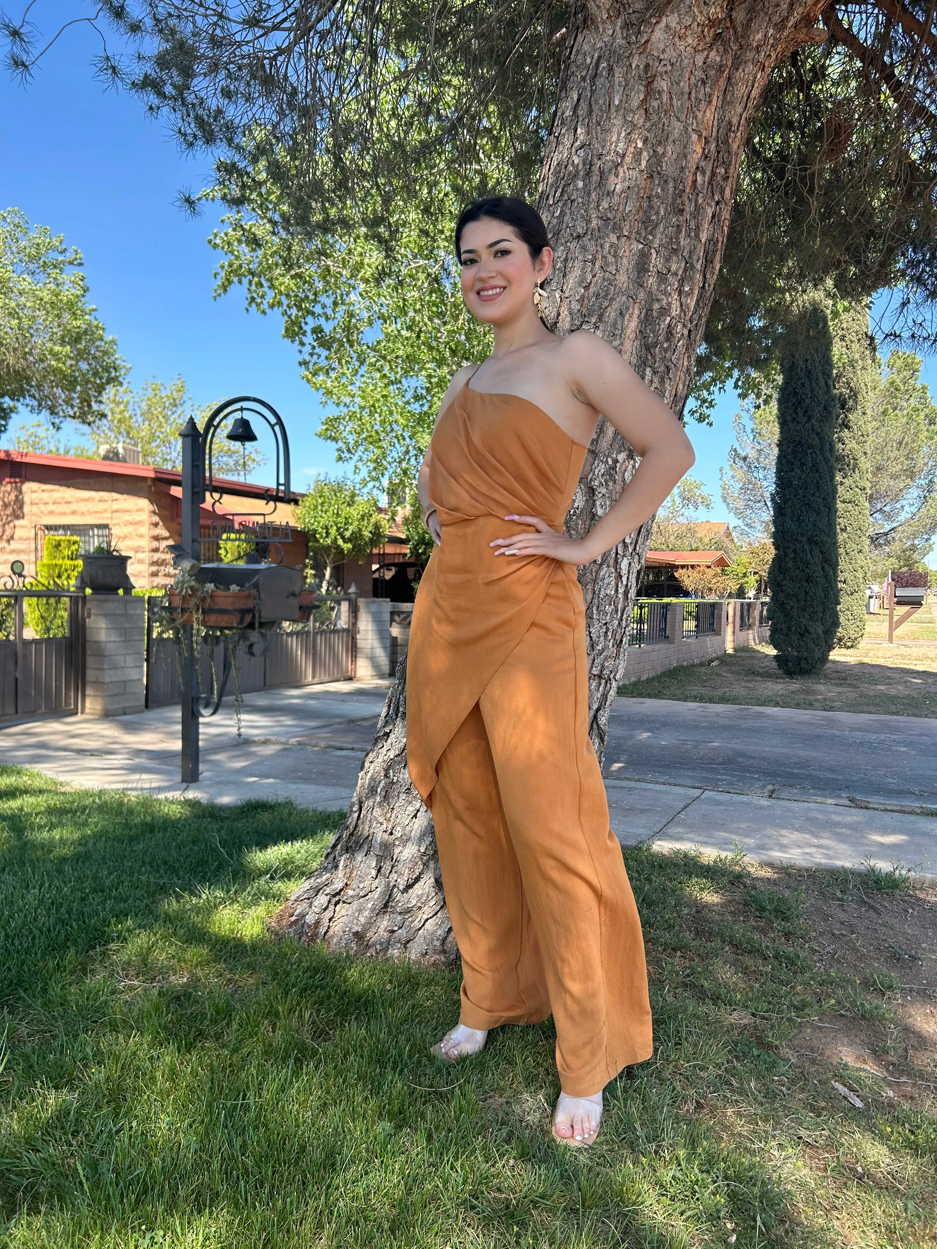 Caramel One Shoulder Sarong Design Jumpsuit