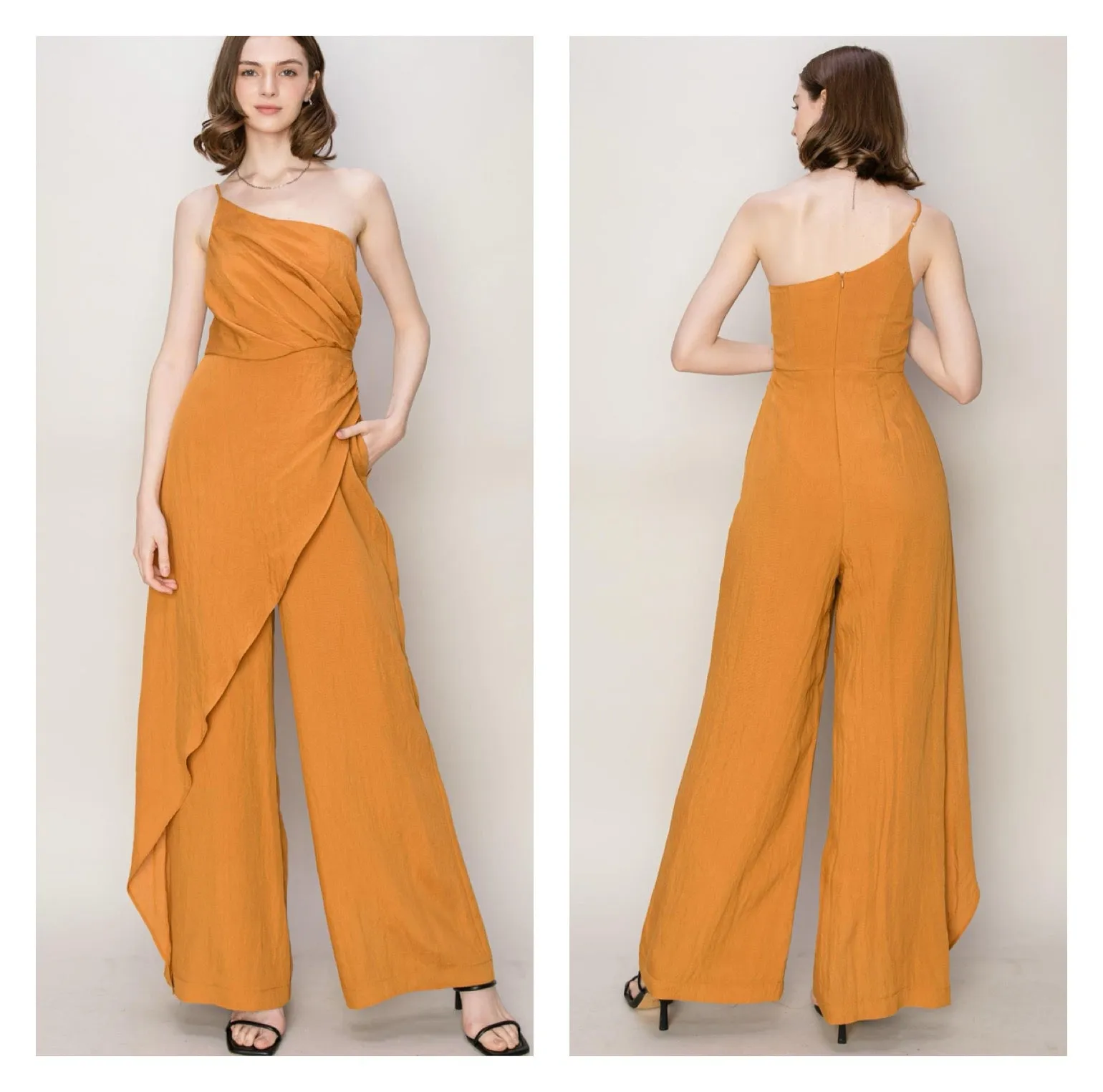 Caramel One Shoulder Sarong Design Jumpsuit