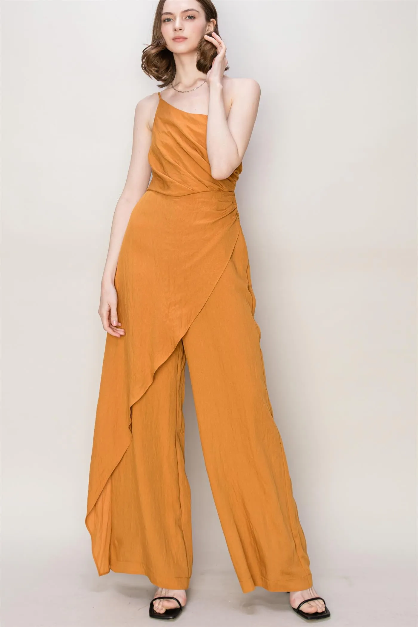 Caramel One Shoulder Sarong Design Jumpsuit