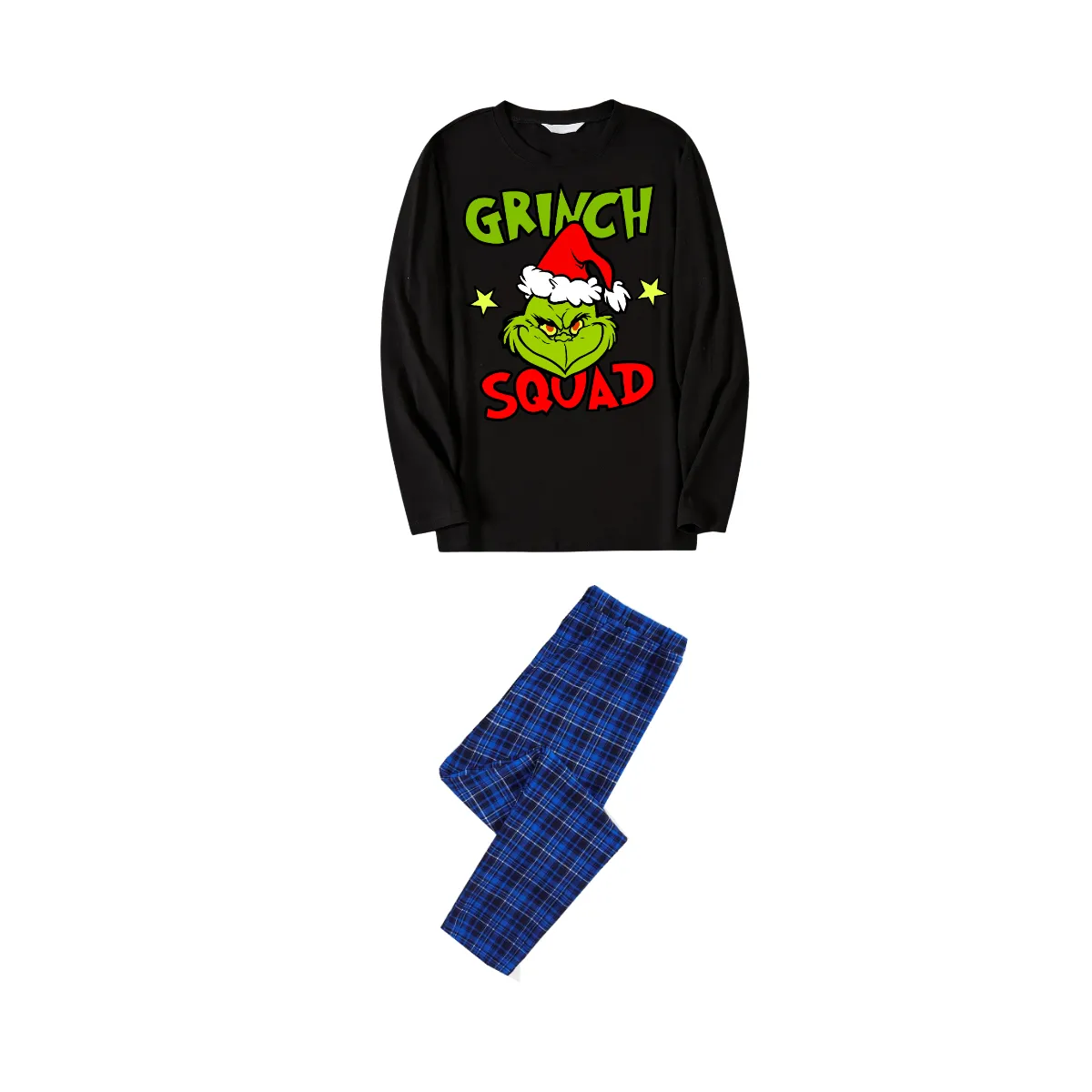 Cartoon and Text Print Black Long Sleeve Top with Blue & Black Plaid Christmas Family Matching Pajamas