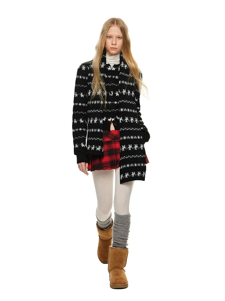 Cat Jacquard Slim-Fit Knit Cardigan & Scarf