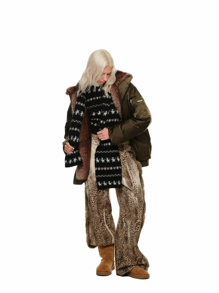 Cat Jacquard Slim-Fit Knit Cardigan & Scarf